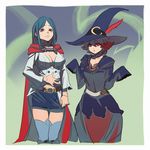  belt blue_hair blush boots breasts choker cleavage cosplay costume_switch dual_persona hat highres large_breasts little_witch_academia long_hair medium_breasts multiple_girls open_mouth red_eyes red_hair shiny_chariot shiny_chariot_(cosplay) short_hair skirt spoilers thighhighs ursula_charistes weight_conscious witch witch_hat 