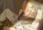  1girl absurdres bed black_hair blonde_hair blue_hair couple dog dress final_fantasy final_fantasy_xv hetero highres husband_and_wife lunafreya_nox_fleuret noctis_lucis_caelum pillow ponytail pryna_(ff15) umbra_(ff15) white_dress yorukun 