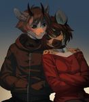  anthro brown_hair clothed clothing collar duo female green_eyes hair horn hyena inner_ear_fluff male mammal melloque smile 