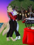  2017 absurd_red anthro arawn blue_hair blush bulge canine claws clothed clothing dancing detailed_background digital_media_(artwork) digitigrade dress duo flute fox fully_clothed fur hair hi_res horn howlfei howlfeiwolf long_hair male male/male mammal muscular musical_instrument musician necktie outside pants pawpads piano playing_music playing_piano playing_violin ponytail purple_hair shirt sitting sky smile standing suits sunset vest violin water wolf yellow_eyes 