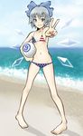  1girl american_flag_bikini ass_visible_through_thighs bangs bare_arms bare_legs beach bikini blue_bow blue_eyes blue_hair blush bow breasts carrying_under_arm cirno closed_mouth cloud cloudy_sky collarbone day detached_wings diamond_(shape) eyebrows_visible_through_hair fairy feet fingernails flag_print full_body groin hair_between_eyes hair_bow hand_on_hip ice ice_wings kaztah legs legs_apart long_legs looking_at_viewer lowleg lowleg_bikini micro_bikini navel number outdoors petite pigeon-toed ribs sand shadow short_hair sidelocks sky small_breasts smile solo standing star star_print striped striped_bikini swimsuit toes touhou tsurime v volleyball water wings 