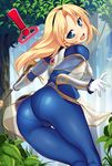  ! 1girl armor ass blonde_hair blue_eyes blush bodysuit breasts cameltoe from_behind hairband league_of_legends long_hair looking_back luxanna_crownguard medium_breasts open_mouth pantylines solo staff wand 