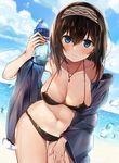  artist_name beach bikini black_bikini blue_eyes blue_sky blush bottle breasts brown_hair cleavage cloud cloudy_sky curvy day dutch_angle hair_between_eyes hairband hand_on_own_thigh hanging_breasts horizon idolmaster idolmaster_cinderella_girls jewelry large_breasts leaning_forward looking_at_viewer navel necklace outdoors pendant plump sabet_(young_ouo) sagisawa_fumika shawl sky smile solo swimsuit twitter_username water_bottle wet 
