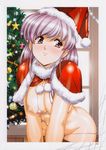  bangs bent_over bikini breasts capelet christmas christmas_ornaments christmas_tree fur_trim hat highres indoors lipstick long_hair looking_away makeup medium_breasts nipples non-web_source original purple_eyes purple_hair red_capelet santa_costume santa_hat scan solo swimsuit urushihara_satoshi 