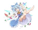  :d barefoot bloomers blue_bow blue_dress blue_eyes blue_flower blue_hair bow cirno dress flower food frilled_dress frilled_sleeves frills full_body hair_bow hidden_star_in_four_seasons highres ice ice_wings leaf looking_at_viewer morning_glory open_mouth popsicle puffy_short_sleeves puffy_sleeves red_flower red_ribbon ribbon short_hair short_sleeves smile solo sunflower tanned_cirno touhou toutenkou underwear watermelon_bar white_bloomers wings 