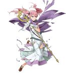  bangs belt dress fire_emblem fire_emblem:_rekka_no_ken fire_emblem_heroes full_body gloves highres holding kyuusugi_toku official_art pink_hair purple_eyes scarf serious serra shoes sleeveless solo staff torn_clothes transparent_background twintails 