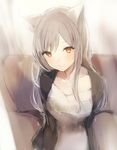  animal_ears blush brown_eyes cardigan cat_ears closed_mouth couch dress eyebrows grey_hair highres light_smile long_hair lpip md5_mismatch on_couch open_cardigan open_clothes original sitting smile white_dress 