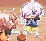  ahoge basketball basketball_court basketball_uniform black_shirt blush brown_eyes brown_hair chibi commentary_request fate/grand_order fate_(series) fujimaru_ritsuka_(female) hair_over_one_eye highres jako_(jakoo21) looking_at_another mash_kyrielight multiple_girls open_mouth purple_eyes purple_hair shirt short_hair sportswear 