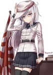  adjusting_clothes adjusting_hat arm_up bangs belt black_legwear black_skirt blue_eyes book_stack breasts closed_mouth commentary cowboy_shot desk double_horizontal_stripe eyebrows_visible_through_hair flag flat_cap hair_between_eyes hammer_and_sickle hand_on_headwear hat hat_ornament hibiki_(kantai_collection) highres kantai_collection long_hair long_sleeves looking_at_viewer miniskirt pleated_skirt rabochicken russian sailor_collar silver_hair skirt small_breasts smile solo standing star striped thighhighs translated tsurime verniy_(kantai_collection) very_long_hair white_coat white_hat zettai_ryouiki 