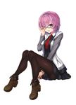  adjusting_eyewear bad_id bad_pixiv_id bencao_gangmu_(19) between_legs black_legwear blue_eyes fate/grand_order fate_(series) full_body glasses hand_between_legs hand_on_eyewear highres looking_at_viewer mash_kyrielight necktie pantyhose pink_hair pleated_skirt red_neckwear short_hair sitting skirt solo 