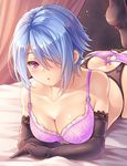  ass bed_sheet black_gloves black_legwear blue_hair blush bra breasts cleavage collarbone elbow_gloves garter_belt gloves hair_over_one_eye leg_up lingerie looking_at_viewer lying makirin medium_breasts on_stomach open_mouth panties purple_bra purple_eyes purple_panties sennen_sensou_aigis short_hair siena_(sennen_sensou_aigis) solo thighhighs underwear 