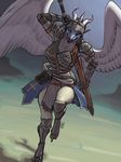  anthro armor clothed clothing dragon feathered_wings feathers female horn ldr loinclothed looking_at_viewer melee_weapon open_mouth solo standing sword weapon wings 