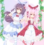  2girls absurdres animal_ear_fluff animal_ears azur_lane bangs blue_bow blue_flower blue_footwear blue_rose blue_shirt blue_skirt bow breasts brown_hair cat_ears closed_mouth collarbone commentary_request crossover dress eyebrows_behind_hair fingernails flower gloves hair_between_eyes hair_bow hand_holding hands_up highres interlocked_fingers kantai_collection kisaragi_(azur_lane) kisaragi_(kantai_collection) long_hair looking_at_viewer mouth_hold multiple_girls namesake nekoyanagi_(azelsynn) pantyhose pink_hair pink_ribbon purple_eyes red_bow red_dress red_flower red_footwear red_rose ribbon ribbon_in_mouth rose shirt shoes short_sleeves single_glove skirt small_breasts smile striped striped_legwear striped_shirt unmoving_pattern v vertical-striped_shirt vertical_stripes very_long_hair white_gloves white_legwear 