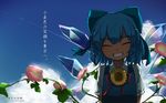  blue_bow blue_dress blue_hair bow cirno closed_eyes cloud dress flower hidden_star_in_four_seasons highres ice ice_wings kashu_(hizake) light_background plant shadow sky smile solo sunflower tan tanned_cirno title touhou translation_request vines wings 