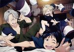  ;d artist_request black_hair blonde_hair blue-framed_eyewear blue_eyes brown_eyes eyewear_on_head glasses green_eyes japanese_clothes katsuki_yuuri lying male_focus multiple_boys official_art on_stomach one_eye_closed open_mouth pillow pillow_fight silver_hair sliding_doors smile throwing viktor_nikiforov yuri!!!_on_ice yuri_plisetsky 