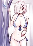  bikini blue_eyes breasts cleavage curtains fitting_room hair_ornament hair_over_one_eye hairclip hamakaze_(kantai_collection) kantai_collection large_breasts looking_at_viewer navel short_hair silver_hair solo souryu striped striped_bikini swimsuit 