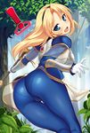  1girl :d armor ass bangs black_hairband blonde_hair blue_bodysuit blue_eyes blush bodysuit bracer breastplate breasts cameltoe eyebrows_visible_through_hair faulds from_behind gloves hairband highres holding holding_staff holding_weapon leaf league_of_legends leaning_forward long_hair looking_at_viewer looking_back luxanna_crownguard medium_breasts noako_(por1212) open_mouth outdoors outstretched_arm pantylines parted_bangs see-through shiny shiny_clothes smile solo staff surprised tree weapon white_gloves 
