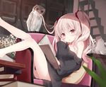  bird book brown_eyes brown_hair chair cup hair_in_mouth legs long_hair mouth_hold no_pants off_shoulder original owl reading shirt shuuichi_(gothics) sitting teacup teapot two_side_up 