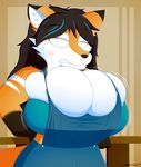  2017 anthro big_breasts blush breast_expansion breasts canine clothed clothing eyes_closed female fox huge_breasts mammal overalls slickehedge solo tight_clothing 