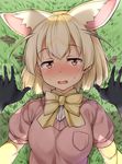  animal_ears black_gloves blonde_hair blush bow bowtie breasts brown_eyes commentary common_raccoon_(kemono_friends) female_pov fennec_(kemono_friends) fox_ears gloves grass highres kemono_friends kuragari looking_at_viewer lying medium_breasts multicolored_hair multiple_girls on_back open_mouth pink_sweater pov short_hair short_sleeve_sweater short_sleeves solo_focus sweater upper_body yuri 