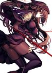  armor bodysuit breasts fate/grand_order fate_(series) from_behind gae_bolg gloves highres holding holding_weapon kouyafu large_breasts long_hair looking_at_viewer pauldrons polearm purple_bodysuit purple_gloves purple_hair purple_legwear red_eyes scathach_(fate)_(all) scathach_(fate/grand_order) shoulder_armor solo spear veil very_long_hair weapon 
