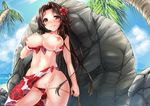  abs beach bikini blue_sky blush boulder breasts breasts_outside brown_eyes brown_hair cleavage cloud cloudy_sky commentary_request day floral_print flower front-tie_top hair_flower hair_intakes hair_ornament jintsuu_(kantai_collection) kantai_collection large_breasts long_hair looking_at_viewer multiple_girls naka_(kantai_collection) navel nipples ocean outdoors palm_tree public_nudity puffy_nipples rock sarong sasakuma_kyouta sendai_(kantai_collection) sky smile solo_focus string_pull suggestive_fluid swimsuit tree 