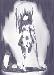  1girl amputee child crutch dress female hair_over_one_eye injury mayo_(mayo_rum) messy_hair monochrome original solo 