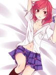  bed_sheet blush brown_eyes feet_out_of_frame from_above looking_at_viewer love_live! love_live!_school_idol_project lying navel nishikino_maki on_back on_bed open_clothes otonokizaka_school_uniform plaid plaid_skirt puzsan red_hair school_uniform shirt short_hair short_sleeves sketch skirt solo white_shirt 