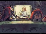  bat_wings blonde_hair commentary couch cross english_commentary hands_over_eyes head_wings irony koakuma koto_inari letterboxed long_hair multiple_girls multiple_persona nose red_hair scared screaming smile teeth television the_exorcist tongue touhou watching_television wings 