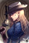  android blonde_hair blood blue_eyes breasts bug commentary cowboy_hat dolores_abernathy english_commentary expressionless fly gun handgun hat insect kuroi-tsuki long_hair maze medium_breasts profile revolver shaded_face solo spoilers weapon westworld 