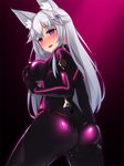  absurdres animal_ears ass blush bodysuit covered_nipples fox_ears gloves highres long_hair miyashiro_ryuutarou mizuki_(kutan) original purple_eyes pussy_juice self_fondle silver_hair skin_tight solo standing 