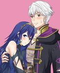  1girl blue_eyes blue_hair blush cape couple fire_emblem fire_emblem:_kakusei fire_emblem_heroes gloves hetero hug long_hair lucina male_my_unit_(fire_emblem:_kakusei) mejiro my_unit_(fire_emblem:_kakusei) short_hair silver_hair simple_background smile tiara torn_clothes yellow_eyes 