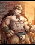  2017 abs anthro armpits biceps black_nose canine clothed clothing digital_media_(artwork) fur headband horkeukamui loincloth male mammal multicolored_fur muscular muscular_male pecs simple_background solo tengo tokyo_afterschool_summoners white_fur wolf 