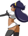  1girl ass back blue_hair blush cosplay elbow_gloves highres iris_(pokemon) koutarosu long_hair midriff no_panties pokemon pokemon_(anime) short_sleeves simple_background skirt smile solo team_rocket team_rocket_(cosplay) thighhighs white_background 