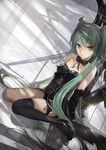  bad_id bad_pixiv_id black_footwear black_legwear breasts detached_sleeves dutch_angle green_eyes green_hair hatsune_miku highres kieed long_hair parted_lips reflection shoes single_thighhigh sitting small_breasts solo thighhighs twintails very_long_hair vocaloid wariza 