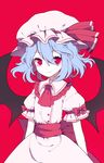  bat_wings blue_hair commentary_request dress frilled_hat frilled_shirt_collar frilled_sleeves frills gla hair_between_eyes hat hat_ribbon highres looking_at_viewer puffy_short_sleeves puffy_sleeves red_background red_eyes red_neckwear red_ribbon red_sash remilia_scarlet ribbon sash short_hair short_sleeves simple_background solo touhou upper_body white_dress white_hat white_skin wings 