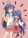  :3 :d ahoge blue_hair commentary_request crossover green_eyes hair_ornament hairclip height_difference hinako_note izumi_konata long_hair look-alike lucky_star mole mole_under_eye multiple_girls natsukawa_kuina onomekaman open_mouth pink_neckwear polka_dot polka_dot_background ryouou_school_uniform school_uniform serafuku smile 