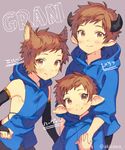  akiki0 animal_ears backless_outfit bridal_gauntlets brown_hair character_name cow_horns draph elbow_gloves erune fighter_(granblue_fantasy) gloves gran_(granblue_fantasy) granblue_fantasy grey_background harvin hood hoodie horns looking_at_viewer multiple_boys multiple_persona pointy_ears short_hair simple_background smile twitter_username younger 