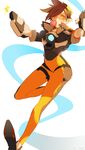  absurdres arched_back bodysuit brown_hair bubble_blowing dual_wielding earrings goggles harness highres holding jewelry looking_at_viewer orange_bodysuit orange_eyes overwatch popped_collar road_233 short_hair solo tracer_(overwatch) very_short_hair 