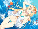  bare_legs bekotarou bikini blonde_hair blue_bikini blue_eyes breasts collarbone commentary_request dutch_angle flower from_above groin hair_between_eyes hair_flower hair_ornament head_wreath long_hair looking_at_viewer lowleg lowleg_bikini lying medium_breasts midriff on_back on_water original ripples smile solo swimsuit thighs water_surface 