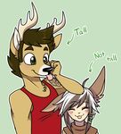  ambiguous_gender andogg anthro antlers canine cervine clothed clothing deer duo fennec fox fur hair horn male mammal smile tongue tongue_out 