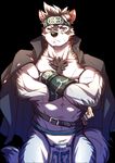  2017 abs anthro biceps black_nose canine clothed clothing firay_(artist) fur headband horkeukamui loincloth male mammal multicolored_fur muscular muscular_male pecs simple_background solo tokyo_afterschool_summoners white_fur wolf 