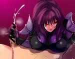  1girl bangs bodysuit breasts clothed_female_nude_male commentary_request covered_nipples cum ejaculation fate/grand_order fate_(series) hair_over_eyes handjob hetero large_breasts long_hair looking_at_another naughty_face negresco nude parted_lips pauldrons penis purple_bodysuit purple_hair red_eyes scathach_(fate)_(all) scathach_(fate/grand_order) smile 