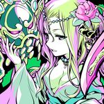  blonde_hair breasts cleavage dress flower green green_eyes hair_between_eyes hair_flower hair_ornament hand_on_another's_face headdress highres ishiyumi jewelry long_hair mask medium_breasts meimei_(p&amp;d) necklace parted_lips polearm purple_eyes puzzle_&amp;_dragons sidelocks snake weapon 