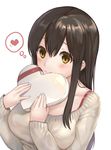  akagi_(kantai_collection) alternate_costume black_hair blush box breasts brown_eyes casual collarbone commentary_request fukuroumori hair_between_eyes heart heart-shaped_box holding kantai_collection large_breasts long_hair long_sleeves looking_at_viewer simple_background smile solo spoken_heart sweater valentine white_background 