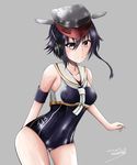  2017 asymmetrical_hair bad_id bad_pixiv_id black_hair brown_eyes character_name cowboy_shot dated framed_breasts grey_background hair_between_eyes hat headphones highres i-13_(kantai_collection) kantai_collection leaning_forward looking_at_viewer nakura_haru sailor_collar school_swimsuit short_hair signature simple_background smile solo swimsuit 