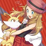  :d bare_arms bare_shoulders black_ribbon black_shirt blonde_hair blue_eyes blush breasts brown_hair closed_mouth collared_shirt fennekin gen_6_pokemon hat hat_ribbon heart holding kanimaru long_hair looking_at_another looking_down looking_up open_mouth orange_eyes pink_hat pleated_skirt pokemon pokemon_(anime) pokemon_(creature) pokemon_xy_(anime) red_skirt ribbon serena_(pokemon) shiny shiny_hair shirt skirt sleeveless sleeveless_shirt small_breasts smile striped striped_background twitter_username 