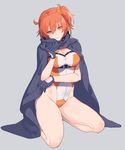  bare_legs breasts cape cleavage closed_mouth commentary_request eyebrows_visible_through_hair fate/grand_order fate_(series) fujimaru_ritsuka_(female) full_body gloves grey_background groin highleg highres hip_bones kneeling large_breasts leotard orange_eyes partial_commentary side_ponytail simple_background solo sweatdrop thighs yayata_(884) 