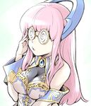  adjusting_eyewear bare_shoulders blush breasts coke-bottle_glasses detached_sleeves glasses highres horns ishiyumi julie_(p&amp;d) long_hair looking_away medium_breasts parted_lips pink_hair puzzle_&amp;_dragons solo upper_body wide_sleeves 
