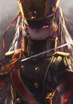  2c_ying absurdres altair_(re:creators) double-breasted hat highres military military_uniform re:creators red_eyes saber_(weapon) shako_cap sword uniform weapon white_hair 